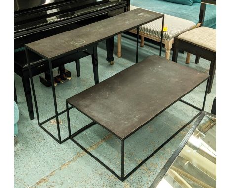 CONSOLE TABLE AND LOW TABLE, bronzed tops with black painted metal frame supports, console, 71cm x 120cm x 30cm, low table, 3