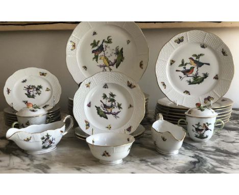 HEREND DINNER SERVICE, Hungarian hand painted porcelain, 'Rothschild Bird' pattern part dinner service, eight place, three pi
