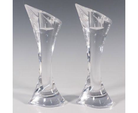 Duo of thick clear crystal, features a fluted shape reminiscent of a calla flower. Orrefors etched backstamp. Artist: Martti 