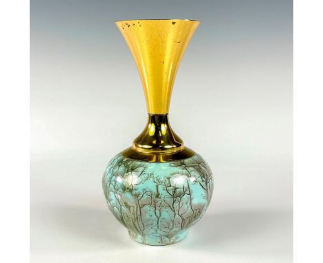 Turquoise toned with lustre finish &amp; branch patterning. Brass upper portion of piece.Hand Painted Delft Holland on bottom