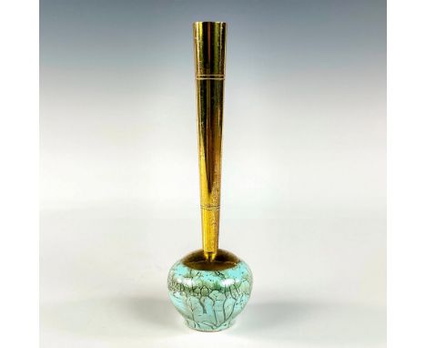 Turquoise with lustre finish and branch patterning. Round body. Narrow brass spout.Hand Painted Delft Holland on bottom. This