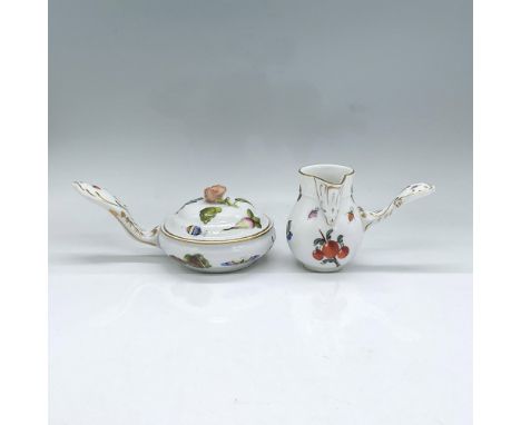 White porcelain in a lively design of butterflies, ladybugs, fruit. Herend backstamp. Lidded patty pan with handle and pink r