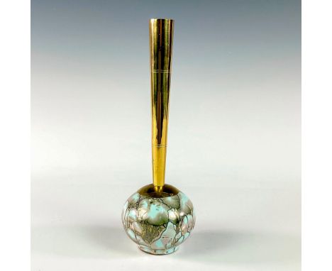 Turquoise with lustre finish and branch patterning. Round body. Narrow brass spout.Hand Painted Delft Holland on bottom. This