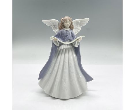 Glazed porcelain figure of a young lady angel in a white dress and blue cape holding a scroll. Lladro backstamp. This item ha