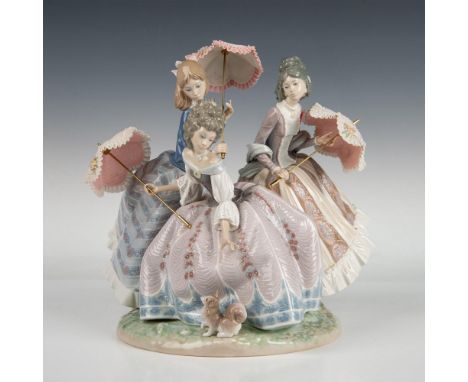 A stunning statue with a glossy finish, portraying three sisters elegantly attired in period dresses and holding parasols. Ar