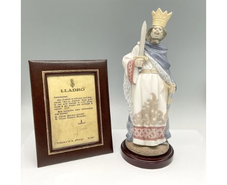 Glossy, colorful figure standing tall with sword in hand. Limited edition 233 of 2000. Signed. Lladro backstamp. Certificate 