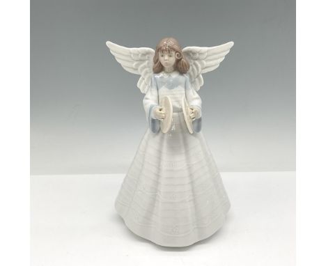 Glossy figural with wings out with cymbals in hand. Lladro backstamp. This item has its original box: 13"L x 7.5"W x 6"H. Art