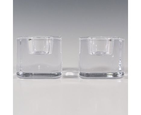 Duo of thick clear crystal cubic shapes, includes the original box, dimensions: 2.75''L x 2.75''W x 2.75''H. Orrefors etched 