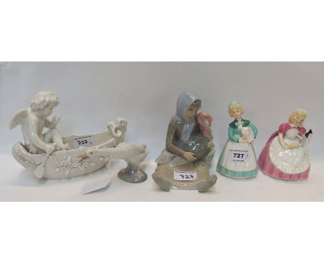 A Lladro figure of a girl and a turkey, a goose, two Doulton figures and a continental cherub in a boat centrepiece Condition