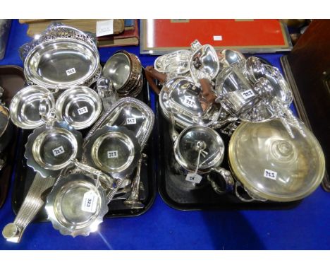 A lot comprising two tray lots of EP - castor, dishes, candleholder, tea service, casserole dish etc Condition Report: Availa