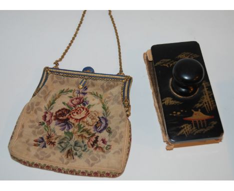 A black lacquered blotter, Chinese silken paper figures and enamel clasp evening bag etc Condition Report: Available upon req