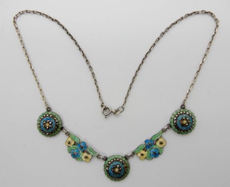 A silver enamel and marcasite necklace Condition Report: Available upon request