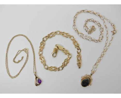A 9ct gold knot link bracelet length 19cm, a 9ct amethyst pendant length 1.7cm, with 9ct rope chain length 42cm and a 9ct swi