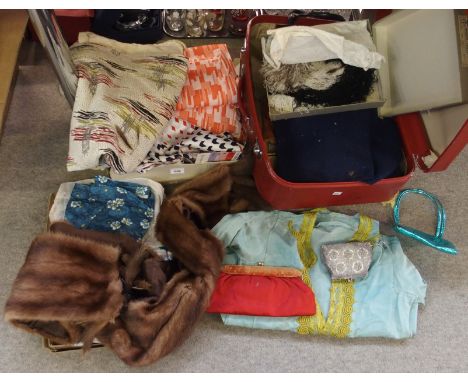 Assorted ladies clothes, curtains, feathers, fur shrug etc Condition Report: Available upon request