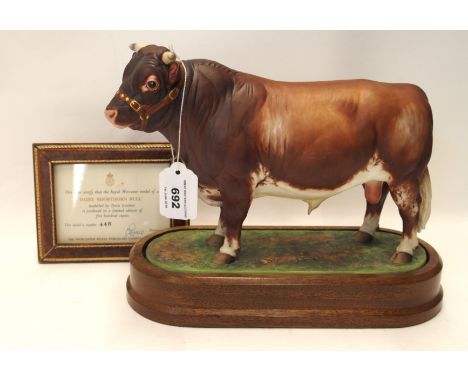 A Royal Worcester limited edition Dairy Shorthorn Bull, No.448/500, modelled by Doris Lindner, with wooden plinth base, 26cm 