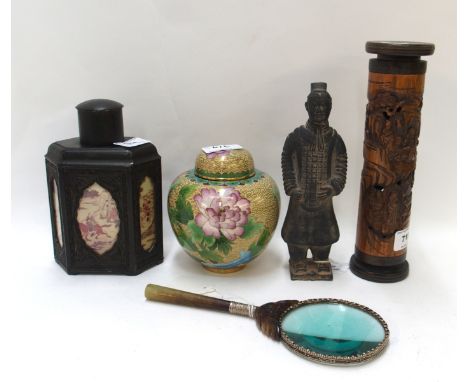 A Chinese carved bamboo holder, a magnifying glass with jadeite handle, pottery figure, tea caddy and a cloisonne ginger jar 
