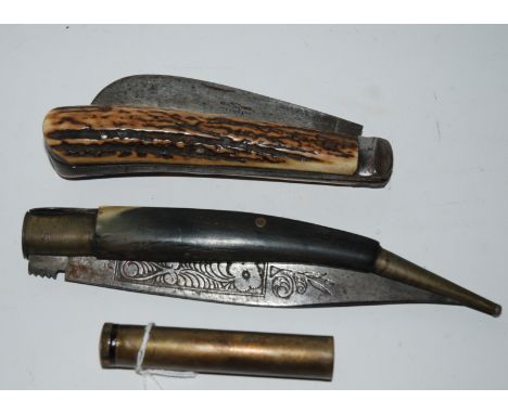 Two vintage folding knives and oil bottle Condition Report: Available upon request