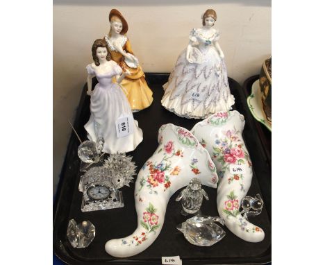 A Royal Worcester figure and pair of wall pockets, two Royal Doulton figures and a selection of Swarovski crystal animals Con
