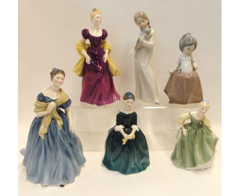 Four Royal Doulton figures including Loretta, Adrienne, Fair Maiden, Cherie and two Nao figures of children Condition Report: