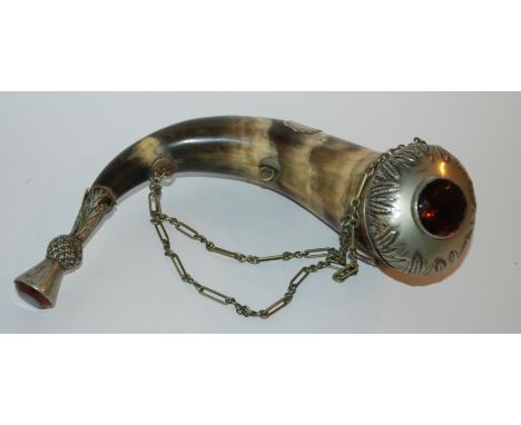 An animal horn white-metal mounted horn, 30cm, similar powder flask, 30cm, brass bugle, powder flask, inkwell Condition Repor