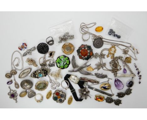 A collection of vintage silver and costume jewellery to include a gold plated brooch set with a diamond, an Austro-Hungarian 