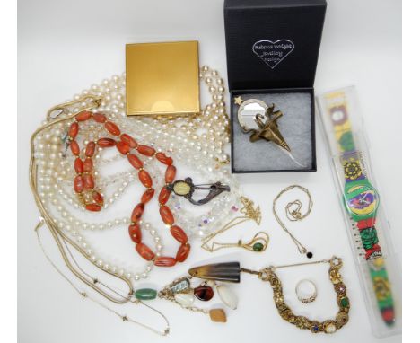 A collection costume jewellery to include a Swatch watch, a brooch designed by Rebecca Wright and other items Condition Repor