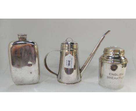 A lot comprising a silver plated oil can, a canister and cover and a spirit flask, the oil can 16.5cm high (3) Condition Repo