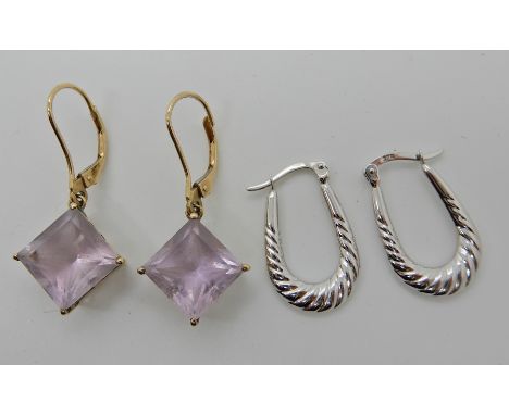 A pair of 9ct gold Rose De France amethyst earrings, length 3.3cm and a pair of 9ct white gold Creole earrings, length 2.2cm,