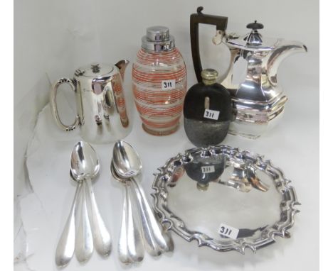 A tray lot of EP - water pots, salver, spirit flask, tablespoons and a chrome plate and glass cocktail shaker Condition Repor