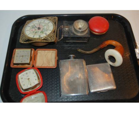 A white-metal cigarette case, hip flask, travel clocks etc Condition Report: Available upon request