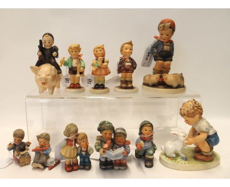 Eleven Hummel figures including Farm Boy, Private Conversation and a chimney sweep on pigs back Condition Report: Available u