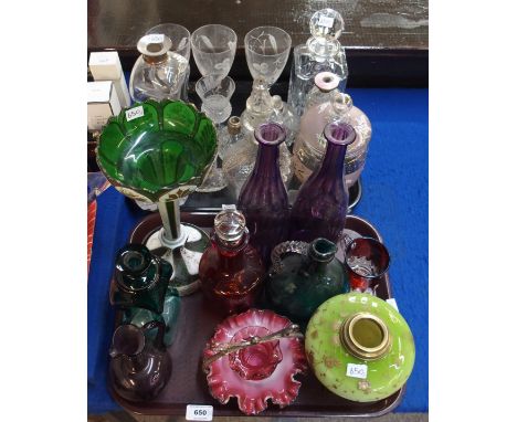 Three hop etched Stuart glasses, an Edinburgh thistle shaped glass, a pair of amethyst glass bottles, a Bohemian lustre (AF),