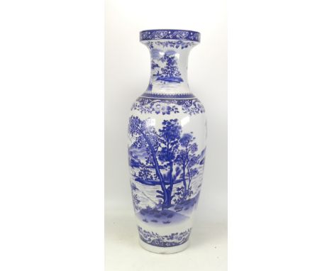 Reproduction Chinese Blue and White Ceramic Vase depicting a lake, trees with fisherman. Height 60cm