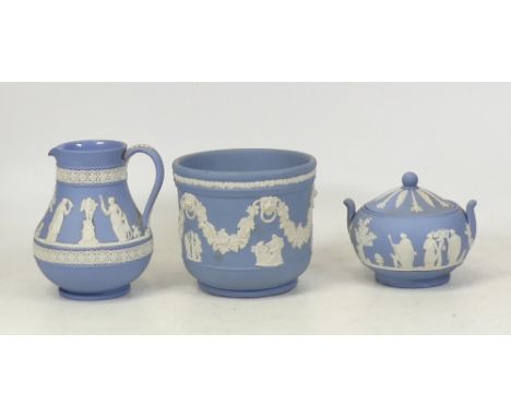 Wedgwood powder blue jasperware to include lidded handled sugar bowl, small planter and jug (handle a/f) Tallest 12cm