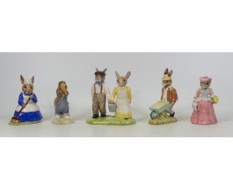 Royal Doulton, Five Bunnykins Figures Clean Sweep DB6, Mary Mary Quite Contrary DB247, Mothers Day DB155, Gardener DB156 (chi