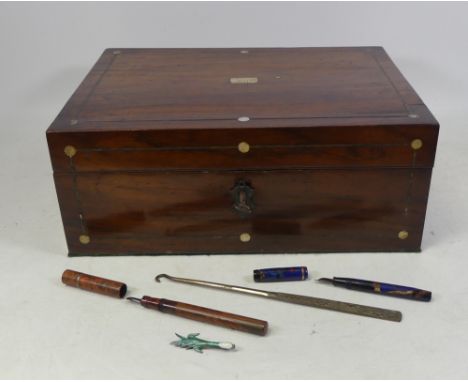 A Wooden Jewellery Box with key 30cm x 30cm x 11cm deep also two Fountain Pens, silvertone Button Fastener and an Enameled Br