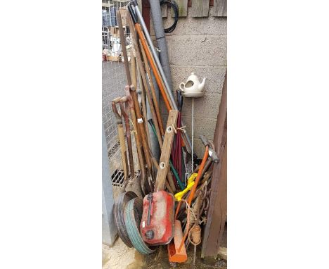 Collection of tools, jerry can, stakes &amp; other items