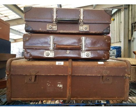 Wooden ribbed vintage trunk along with 2 other vintage suitcases