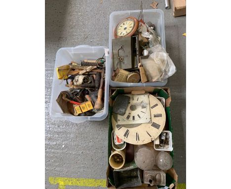 Collection of clock spares/parts, glass domes, tools and other related items
