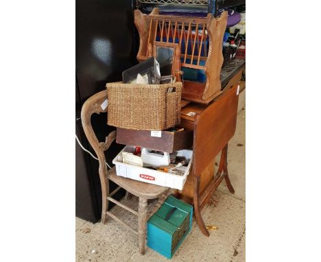 Miniature pine chest of 2 short &amp; 3 long drawers, pine magazine rack, other furniture &amp; hand tools