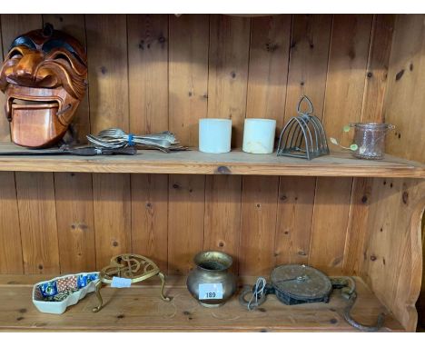 Collectables to include hanging scales, copper pot, trivet, cutlery etc