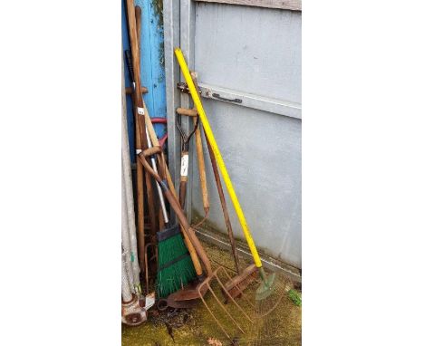 Collection of garden tools to include pitch fork, shovels etc
