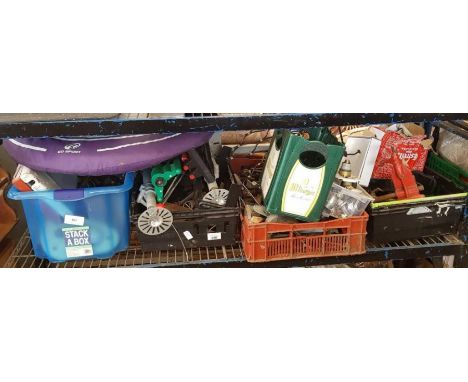 Large collection of garage equipment to include plumbing fittings, wine rack, pop-up tent &amp; hand tools