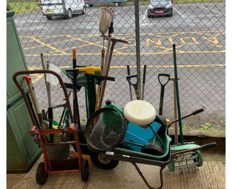 Collection of garage equipment to include a wheelbarrow, sack trucks &amp; tools