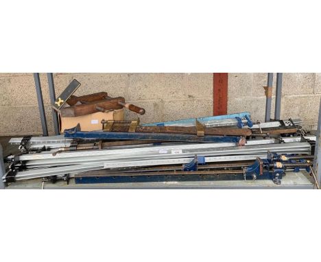 Large collection of sash clamps, wooden carpenters tools, screws &amp; nails etc