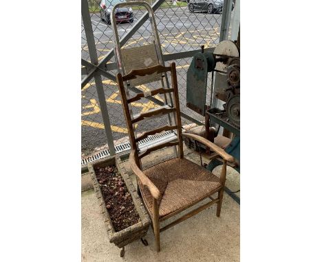 Rush seated ladder back armchair along with an aluminium step ladder &amp; reconstituted stone planter