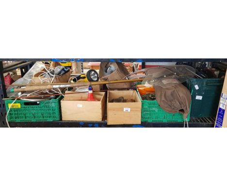 Large collection of garage equipment including fishing rods, hand tools, camping equipment etc