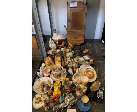 Half shelf to include ceramic &amp; glass miniature animals, wooden wall hanging cabinet, model cars &amp; other items