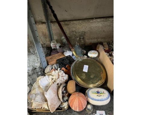 Half shelf to include shells &amp; coral, brass &amp; copper bedpan, glass decanters &amp; other items