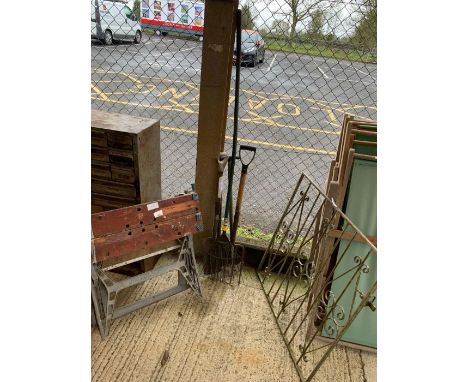 Black &amp; Decker workmate with wrought iron gate &amp; garden tools
